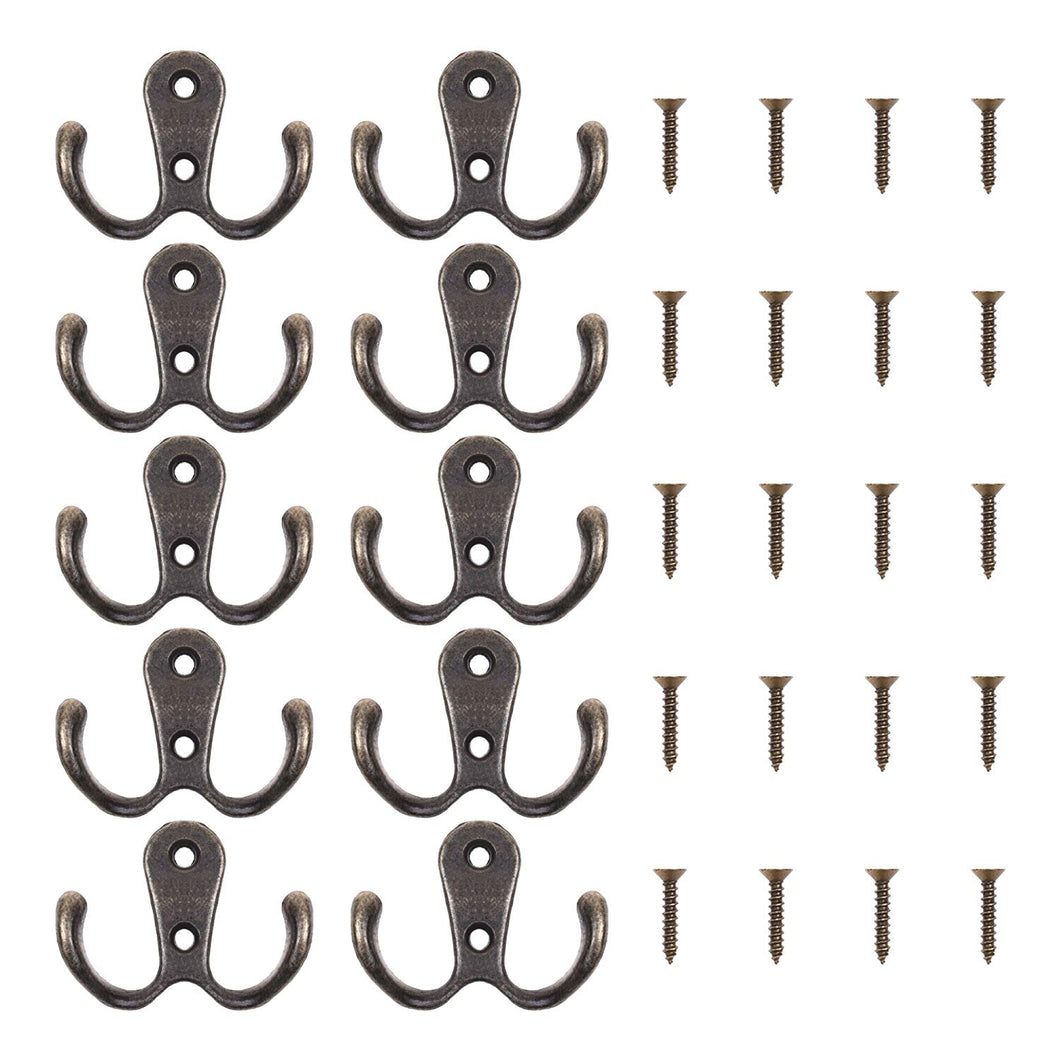 BCP 10pcs Bronze Color Double Prong Robe Hook Hanger for Coat, Cloth, Key, Hat, Screw included