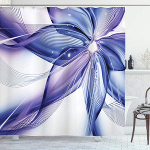 Ambesonne Abstract Shower Curtain, Geometrical Smoke Like Striped Huge Flower Floral Design Work of Art, Cloth Fabric Bathroom Decor Set with Hooks, 84" Long Extra, Blue White