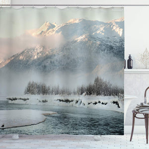 Ambesonne Alaska Shower Curtain, Chilkat Valley Covered in Snow Winter Season Landscape Idyllic Scene from North, Cloth Fabric Bathroom Decor Set with Hooks, 70" Long, Grey White