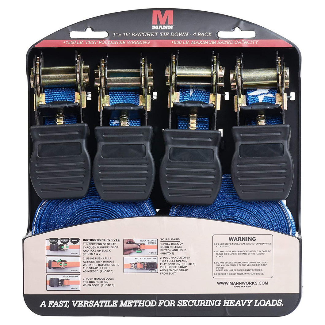 Mann Ratchet Tie Downs Straps with S-hooks 4-Pack Set 1-Inch x 15-Feet 500 Lbs Load Cap - 1500 Lb Break Strength (Blue Stars)