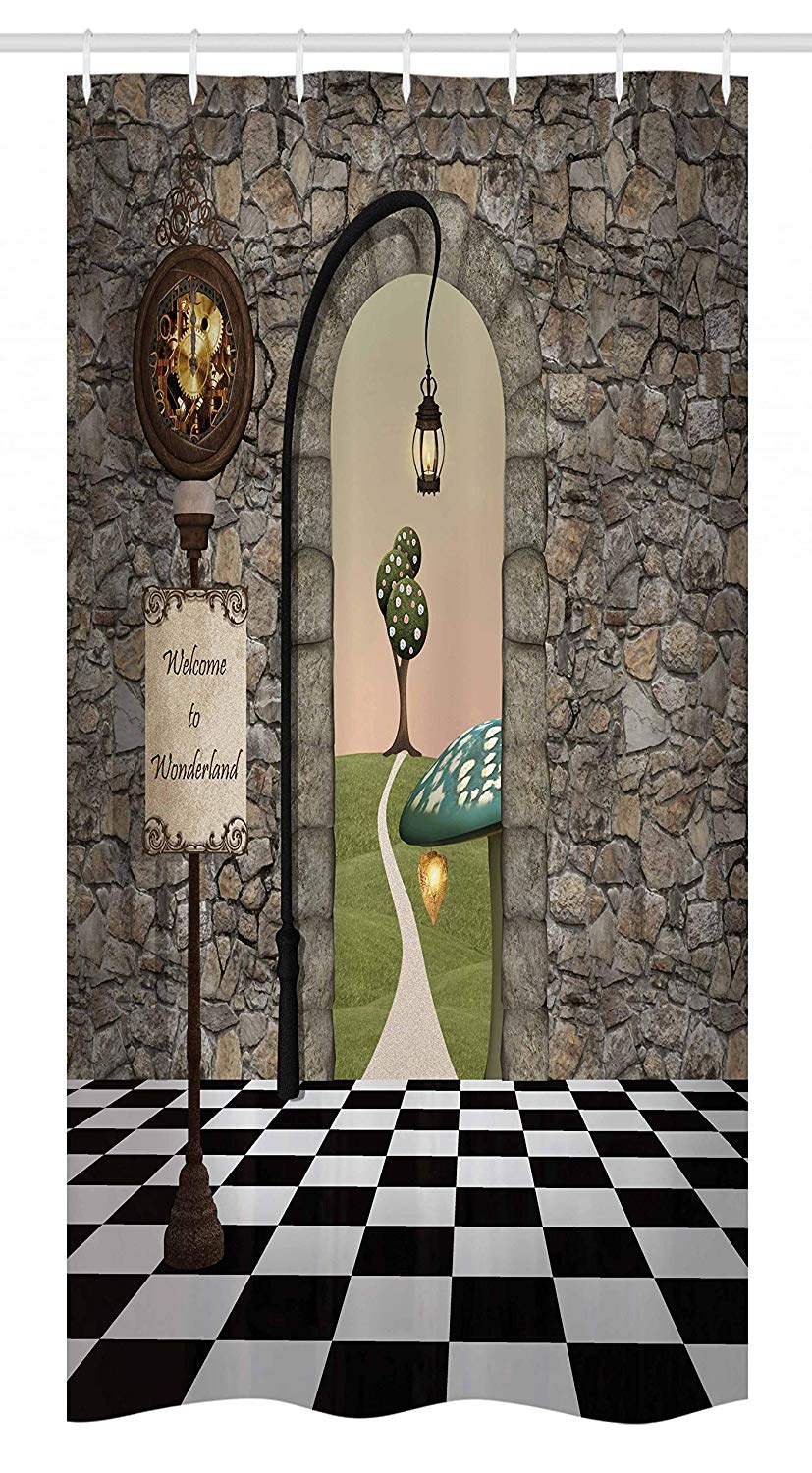 Ambesonne Alice in Wonderland Stall Shower Curtain, Welcome Wonderland Black and White Floor Landscape Mushroom Lantern, Fabric Bathroom Decor Set with Hooks, 36 W x 72 L Inches, Multicolor