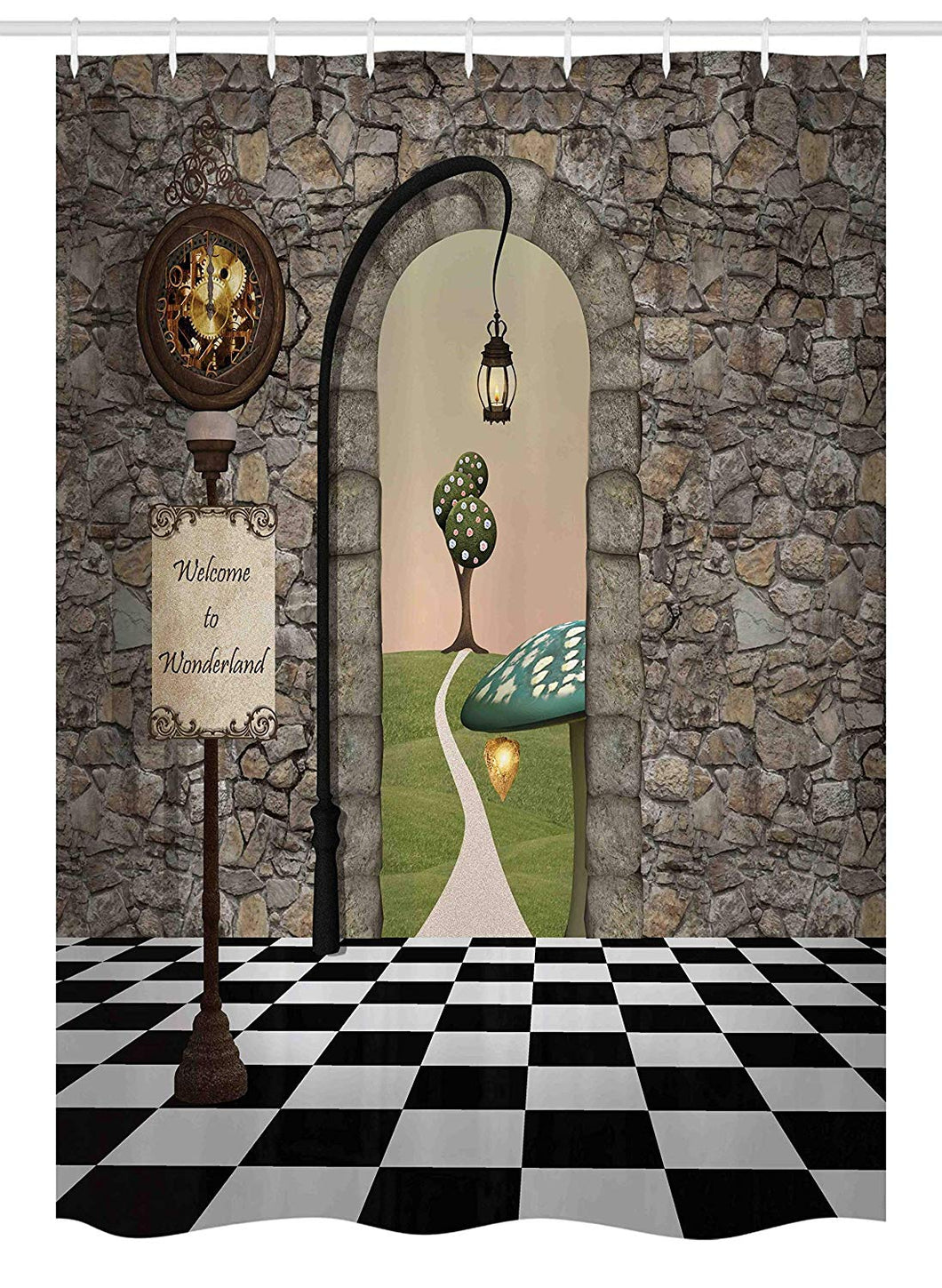 Ambesonne Alice in Wonderland Stall Shower Curtain, Welcome Wonderland Black and White Floor Landscape Mushroom Lantern, Fabric Bathroom Decor Set with Hooks, 54 W x 78 L Inches, Multicolor