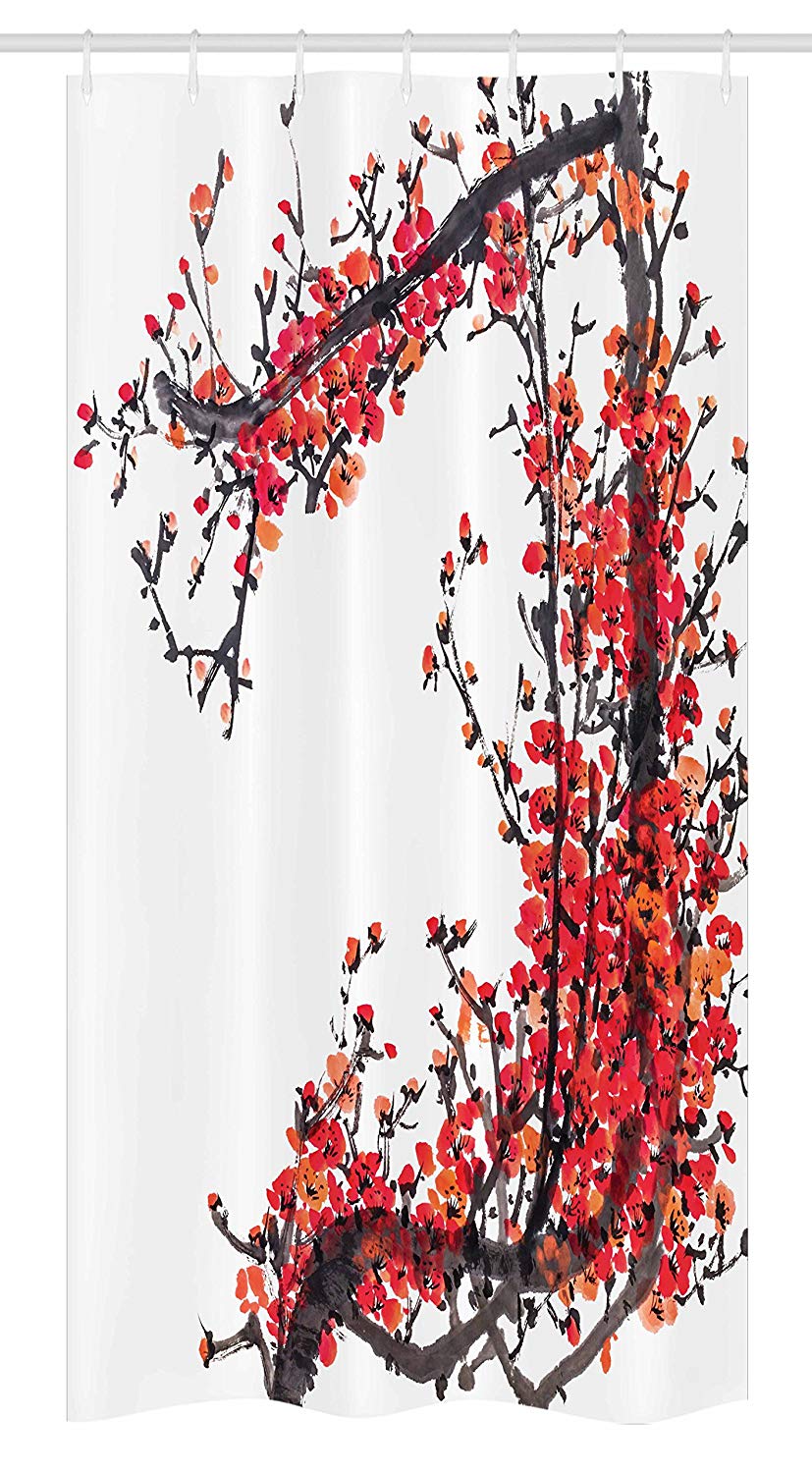 Ambesonne Japanese Stall Shower Curtain, Japanese Cherry Blossom Sakura Branch with Brushstrokes Image Print, Fabric Bathroom Decor Set with Hooks, 36
