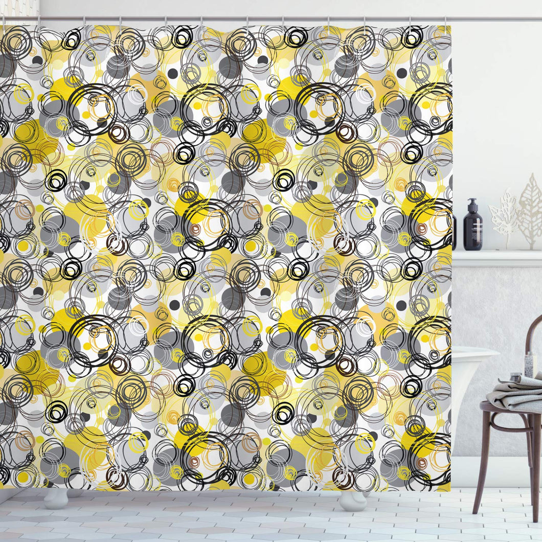 Ambesonne Grey and Yellow Shower Curtain, Hand Drawn Sketchy Geometrical Retro Modern Circles Image, Fabric Bathroom Decor Set with Hooks, 75 Inches Long, Mustard White