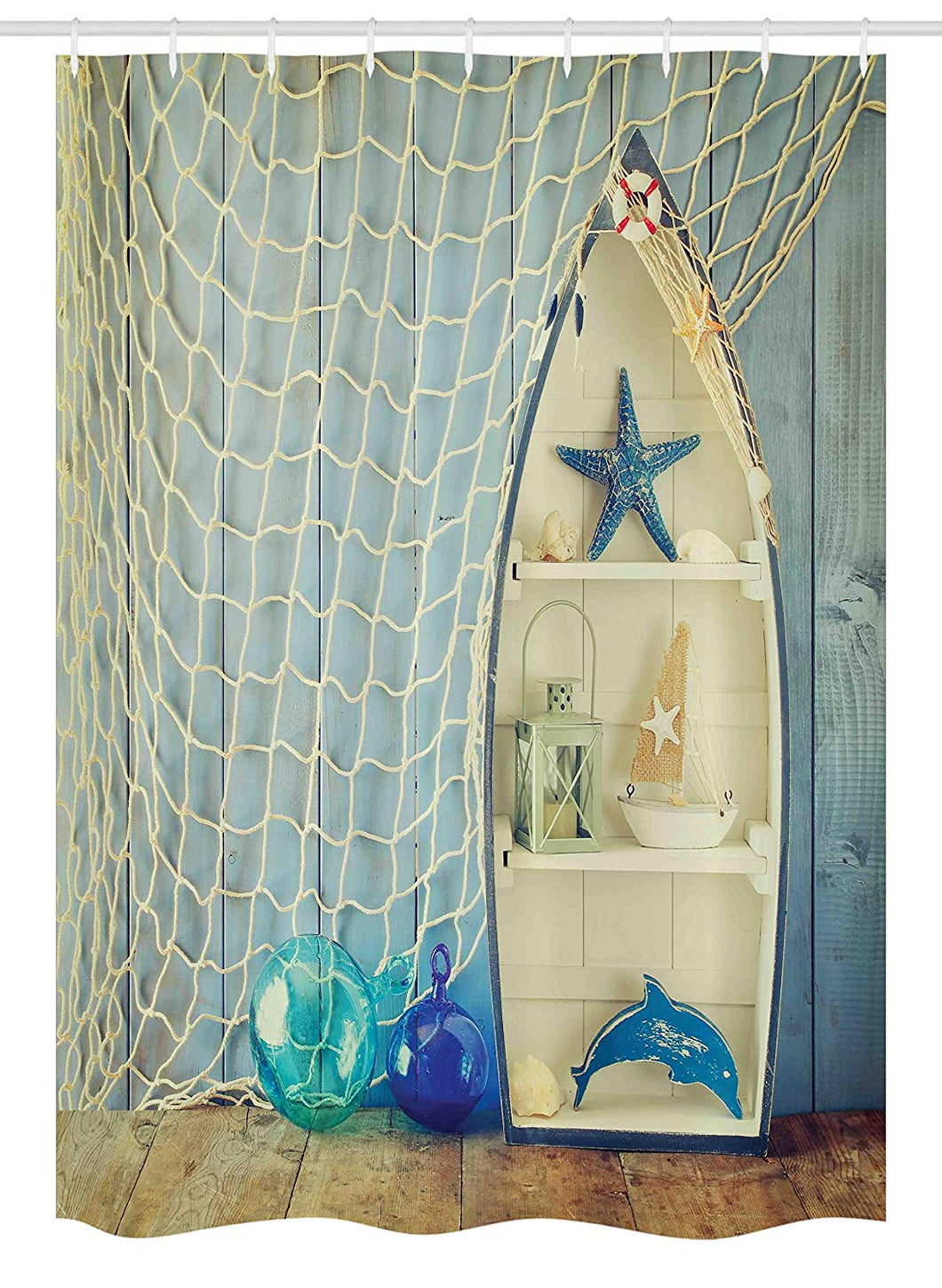 Ambesonne Nautical Stall Shower Curtain, Nautical Boat Standing Against The Wall Other Aquatic Objects Sea Featured Picture, Fabric Bathroom Decor Set with Hooks, 54 W x 78 L Inches, Blue Beige