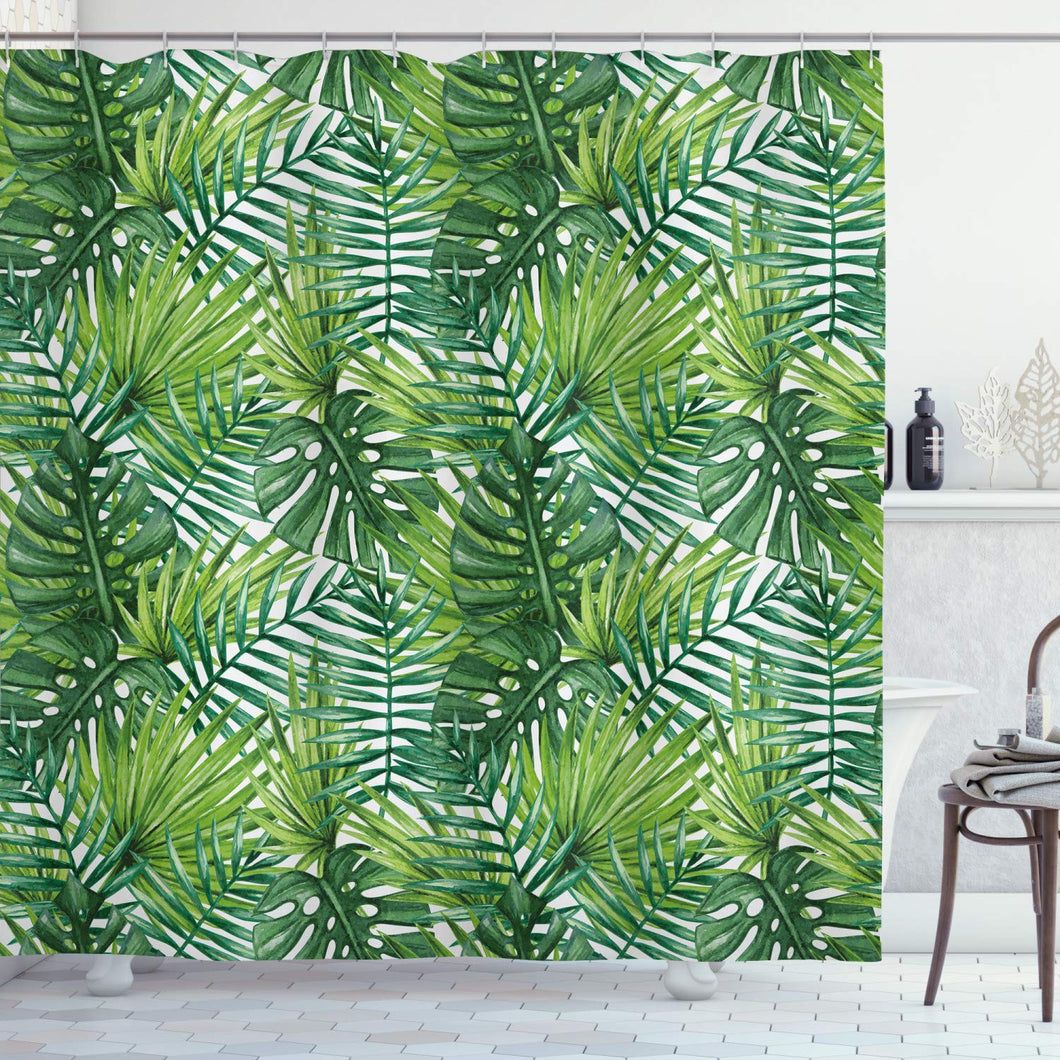 Ambesonne Leaf Shower Curtain, Tropical Exotic Banana Forest Palm Tree Leaves Watercolor Design Image, Cloth Fabric Bathroom Decor Set with Hooks, 75