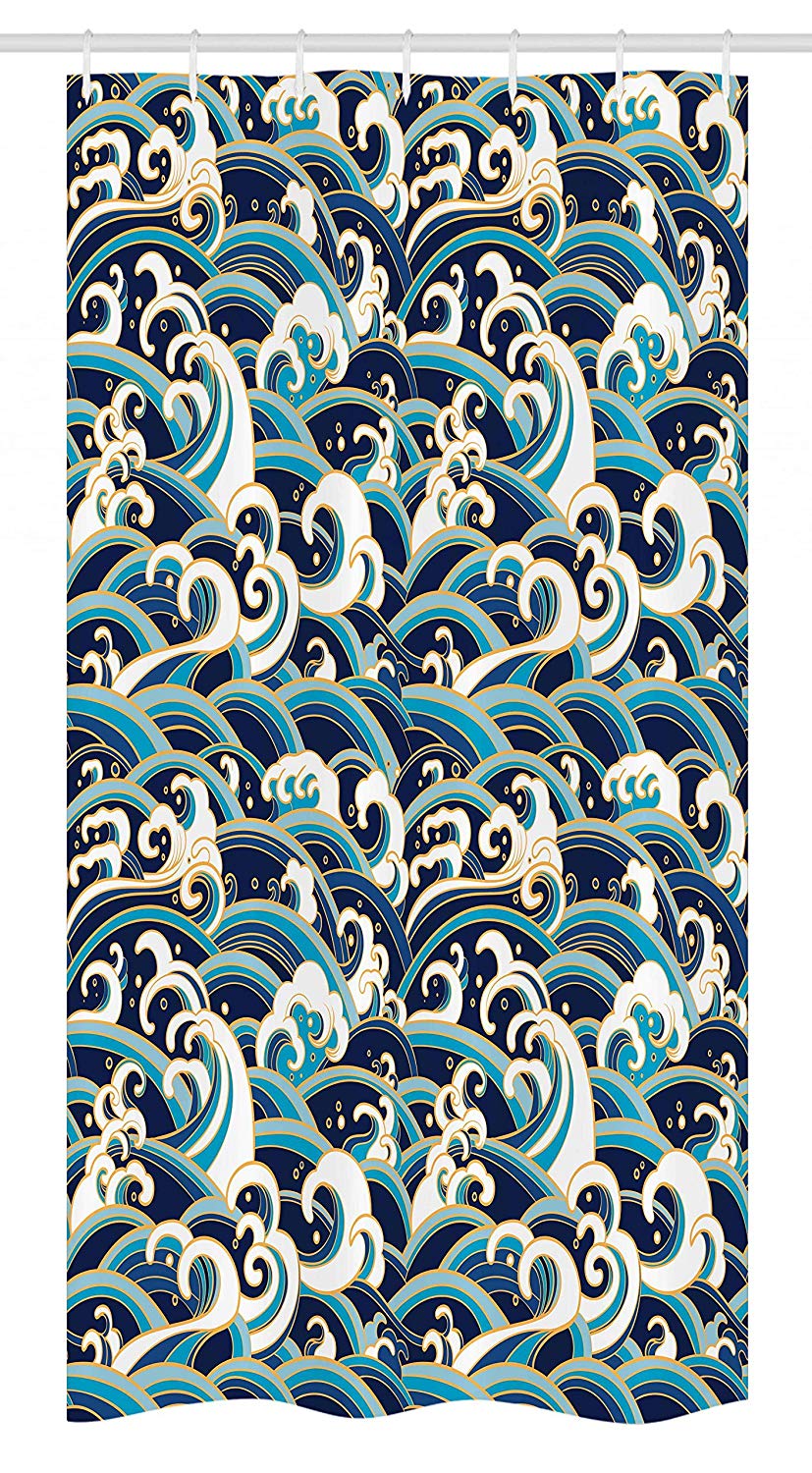 Ambesonne Nautical Decor Stall Shower Curtain, Traditional Oriental Style Ocean Waves Pattern with Foam and Splashes Print, Fabric Bathroom Decor Set with Hooks, 36 W x 72 L Inches, Blue White