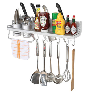 Kitchen Hanging Shelf w/ Towel Bar, 2 Utensil Holders, 6 Hooks & 4 Knife Storage Slots - MyGift