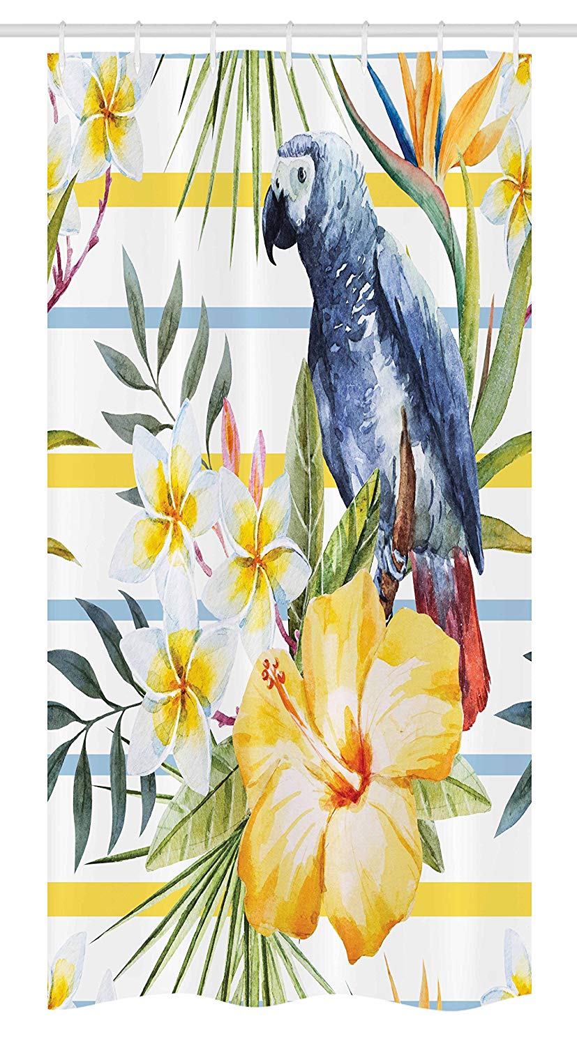 Ambesonne Parrot Stall Shower Curtain, Tropic Pattern with Parrot Orchids and Hibiscus Flowers Hawaiian Jungle Style Image, Fabric Bathroom Decor Set with Hooks, 36