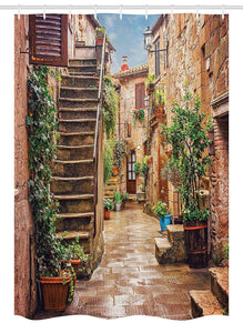 Ambesonne Italian Stall Shower Curtain, View of Old Mediterranean Street with Stone Rock Houses in Italian City Rural Print, Fabric Bathroom Decor Set with Hooks, 54 W x 78 L Inches, Multicolor