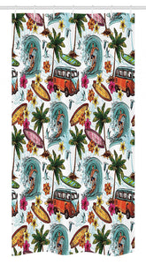 Ambesonne Ocean Stall Shower Curtain, Hawaiian Surfer on Wavy Deep Sea Retro Style Palm Trees Flowers Surf Boards Print, Fabric Bathroom Decor Set with Hooks, 36" X 72", Multicolor