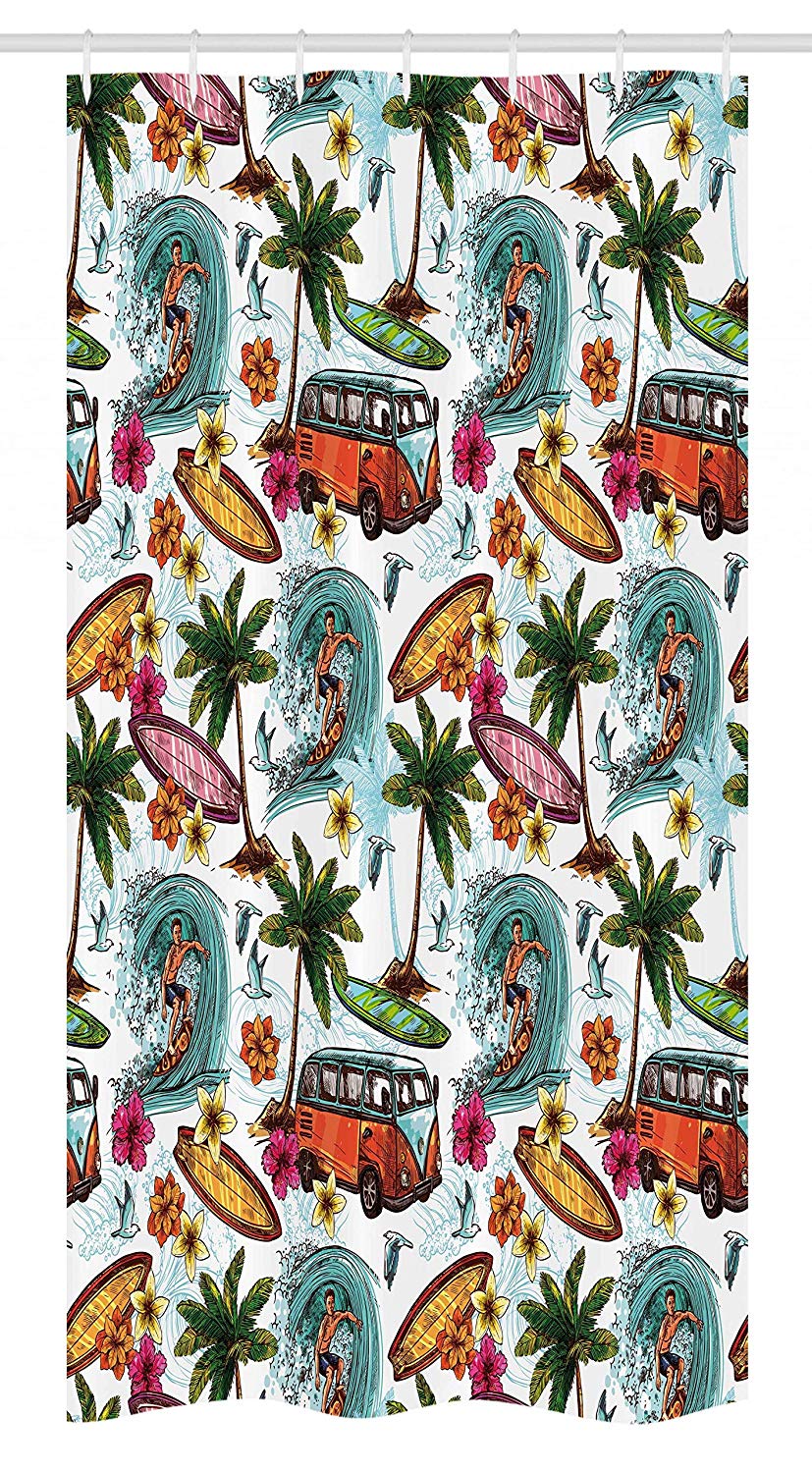 Ambesonne Ocean Stall Shower Curtain, Hawaiian Surfer on Wavy Deep Sea Retro Style Palm Trees Flowers Surf Boards Print, Fabric Bathroom Decor Set with Hooks, 36