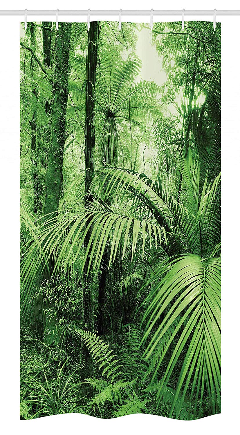 Ambesonne Rainforest Stall Shower Curtain, Palm Trees and Exotic Plants in Tropical Jungle Wild Nature Theme Illustration, Fabric Bathroom Decor Set with Hooks, 36