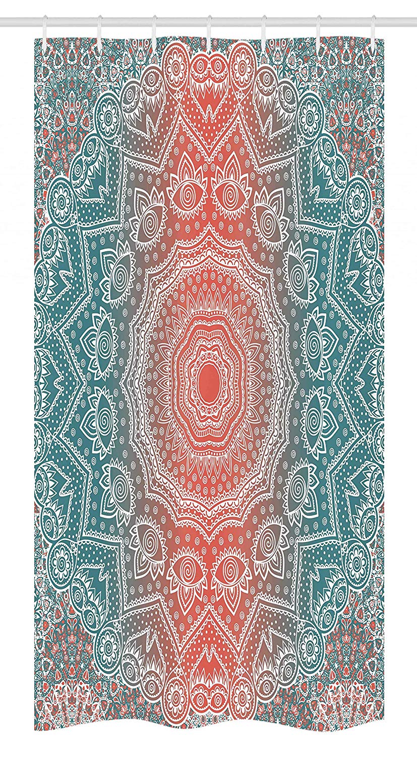 Ambesonne Coral and Teal Stall Shower Curtain, Modern Tribal Mandala Tibetan Healing Motif with Floral Geometric Ombre Art, Fabric Bathroom Decor Set with Hooks, 36