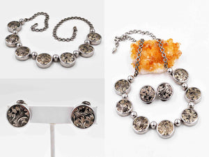 Vintage Volupte Silver & Gold Jewelry Set, Leaf, Necklace, Clip Earrings, Damascene Style, Demi #c381