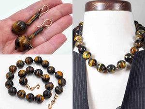 Vintage 14K Gold Filled Tiger Iron Necklace & Earrings Set, Tiger Eye, Hand Knotted, Chatoyant, Artisan #c484