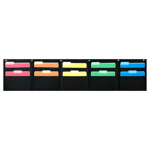 10 Pocket Horizontal Storage Pocket Chart, Hanging Wall File Organizer by Essex Wares - Organize Your Assignments, Files, Scrapbook Papers & More (Black)