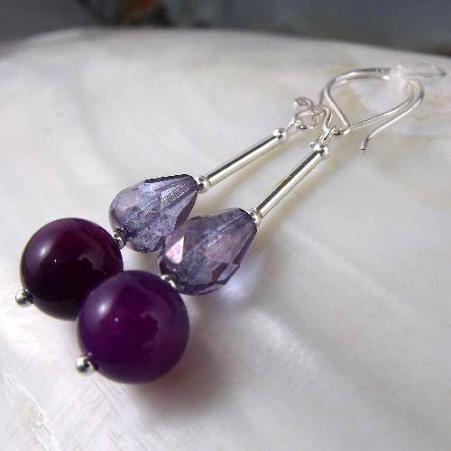 Long purple earrings UK, purple crystal earrings, long purple semi-precious bead earrings UK