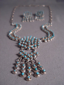Fabulous Vintage Zuni 'Snake Eyes Turquoise' Native American Jewelry Silver Swirl Necklace Earrings Set
