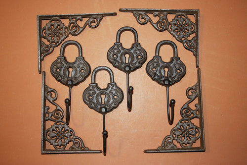 8) Old Timey Workshop Decor, Free Shipping, Padlock Wall hooks, Vintage-look flower design shelf brackets, durable cast iron