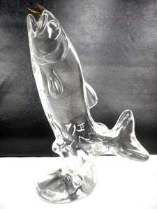 Vintage Jumping Fish Art Glass Sculpture 10.5" Signed FM from Sweden, Konstglas Ronneby, Golden Fish Hook