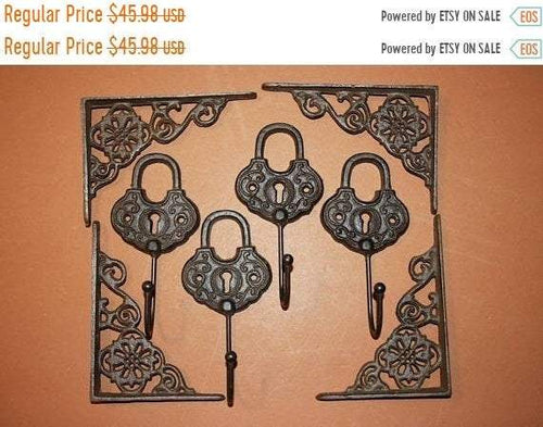 8) Vintage-style Craft Room Organizer Wall Hooks, Free Shipping, Vintage-look flower design shelf brackets, solid cast iron
