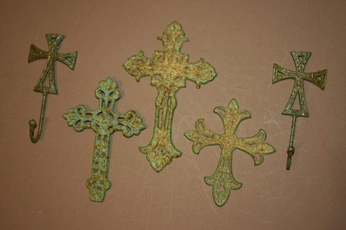 5) Farmhouse Christian Theme Wall Decor, Cast Iron Shabby Distressed Wall Crosses Old Fashion Design ~ Matching Wall Hooks