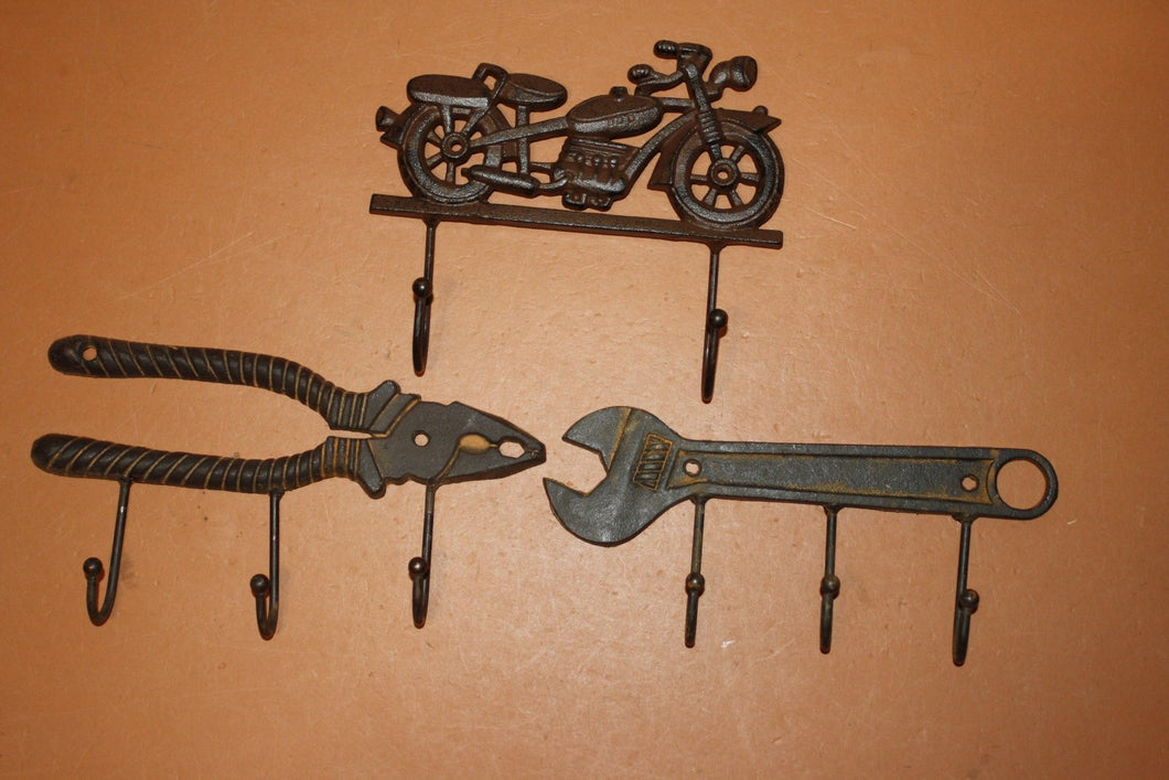 3) Rustic Motorcycle Mancave Workshop Garage Wall Decor Motorcycle & Rusty Tools wall hooks ~ High Rider Gift Set