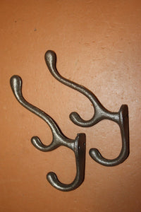 2) Farmhouse Mudroom Coat Hat Hooks Triple Hook Design Solid Cast Iron 6 3/4&quot; tall  ~  H-15