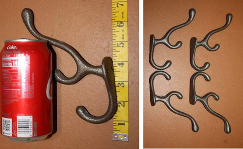 4) Triple Hook Wall Hooks Cast Iron 6 3/4" high, Set of 4, Classic Americana Coat Hat Hallway Hall Tree Wall Hooks  ~  H-15
