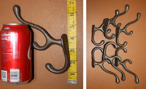 6) Cast Iron Triple Hook Coat Hat Wall Hooks 6 3/4" high, Set of 6, Classic Americana Hallway Hall Tree Wall Hooks  ~  H-15