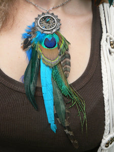 necklace peacock pheasant feather dreamcatcher  turquoise amethyst in native american inspired tribal boho belly dancer and hipster style
