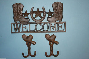 1 set, Cowboy Boots Welcome Sign, 2 Cowboy hat, Wall Hooks, Country Kitchen, Cast Iron Decor, Country Western, Welcome Decor, Front entrance