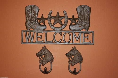 3, pcs, Cowboy Boots Welcome Sign, 2 Looped, Horsehead hat, Wall Hooks, husband gift, Country Western, Welcome Decor, Front entrance