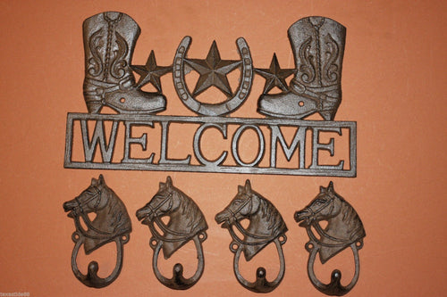 1 set, Cowboy boots, welcome sign, 4 looped horsehead, wall Hooks, bathroom hooks, coat hooks, tool shed wall hooks,Country Western, towel