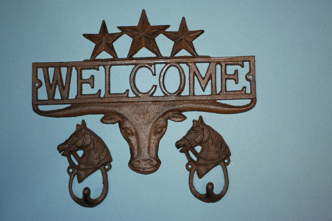 1 set, Longhorn Welcome Sign, 2 Looped Horsehead Hooks, Housewarming, Cast Iron Decor, Country Western, Welcome Decor, Front entrance, Door