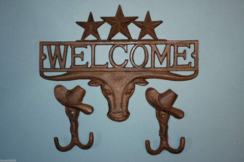 1 set, Longhorn Welcome Sign, 2 Cowboy Hat. Wall Hooks, Housewarming, Cast Iron Decor, Country Western, Welcome Decor, Front entrance, Door