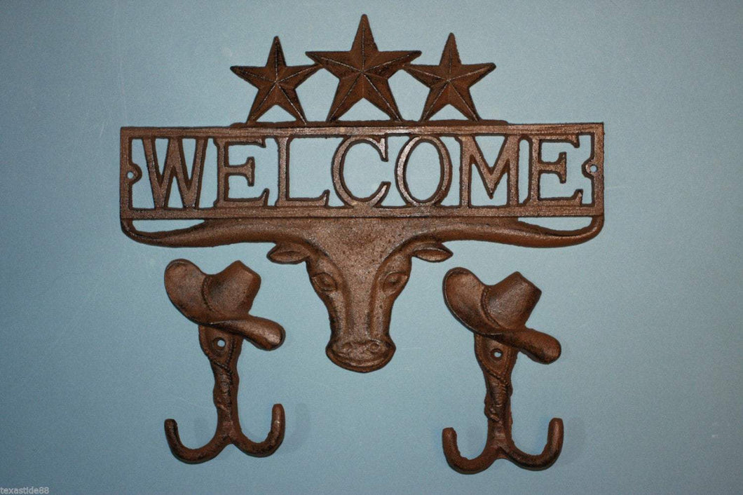 1 set, Longhorn Welcome Sign, 2 Cowboy Hat. Wall Hooks, Housewarming, Cast Iron Decor, Country Western, Welcome Decor, Front entrance, Door