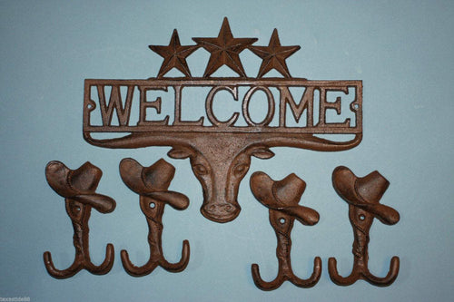 1 set, Longhorn Welcome Sign, 4 cowboy hat, wall Hooks, hallway hooks, coat hooks, tool shed wall hooks,Country Western, longhorn decor