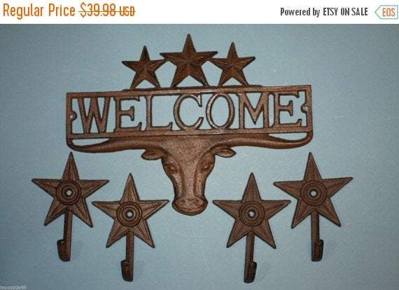 5) Fathers Day Gift Lone Star Welcome Plaque Gift Set, Longhorn Welcome Lone Star Wall Hooks