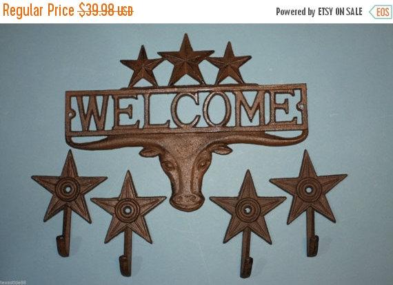 5 pieces, Longhorn welcome plaque wall hook set, fast and free shipping, Longhorn, cast iron, Texas welcome