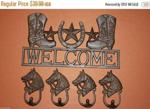 5) Cowboy boots welcome sign, Country Western Lone Star Welcome Sign, Texas Welcome Plaque, Cast Iron, free shipping, Country gift