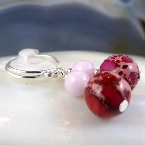 Pink semi-precious gemstone earrings, pink Jasper & Jade semi-precious gemstone statement  jewellery UK