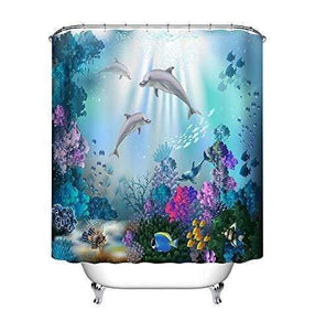 LB Underwater World Shower Curtain Waterproof Anti-mold Bathroom Curtains Dolphins Plants Pattern Polyester Fabric Home Decor Accessories with 12 Curtain Hooks 150x180cm