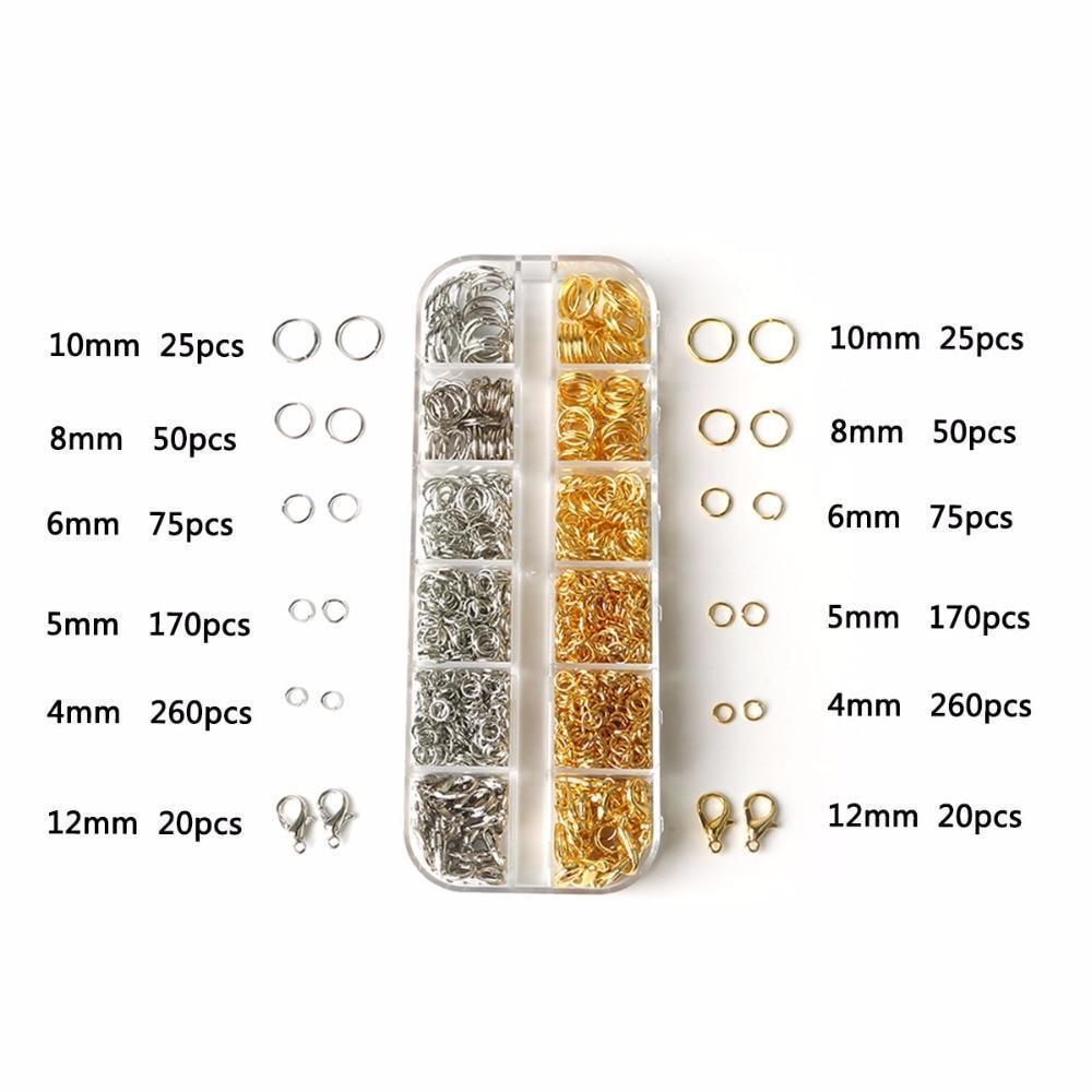 4/5/6/8/10Mm Gold*Rhodium Color Jump Rings And Lobster Clasps Hooks Findings Beads Kit For