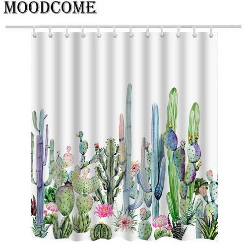 2018 Cactus Shower Curtain Succulent Plants Cactus Bath Curtain Cactus Green Plants Curtain Fabric Bathroom Shower Curtain