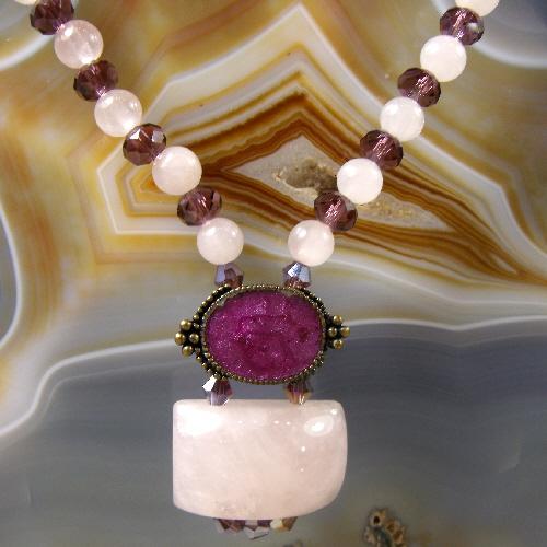 Rose Quartz Jewellery, Semi-precious Gemstone Necklace, Rose Quartz Necklace set with Crystals