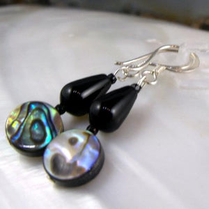 Handcrafted earrings, Black Onyx semi-precious gemstone earrings with Paua Shell, Unique Jewellery UK