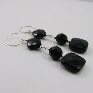 Long black semi-precious earrings unique jewellery design crafted from black Rainbow Obsidian